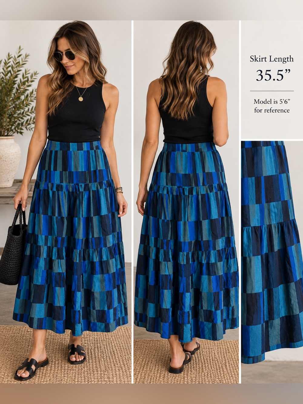 Gudrun Sjöden Blue Geometric Tiered Midi Maxi Skirt Adjustable Waist M
